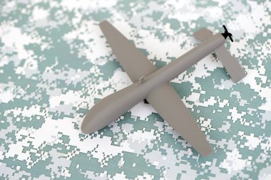 Drone unmanned autonomous technology of espionage and strikes on the enemy. Toy uav drone close up