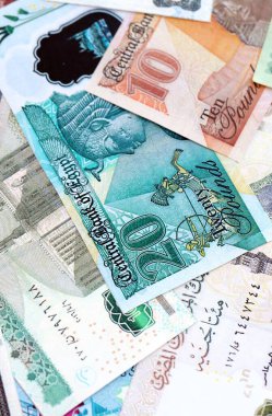 Mısır para birimi banknotları. Mevcut banknotlar masanın üzerinde büyük miktarda yatıyor.