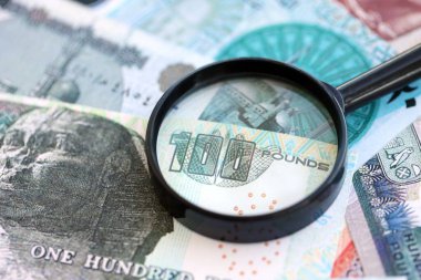 Mısır para birimi banknotları ve büyüteç yakın çekim. Finansal izleme ve vergilendirme kavramı