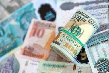Mısır para birimi banknotları ve biz dolar banknotları yakın çekim. Ekonomi ve döviz kuru kavramı