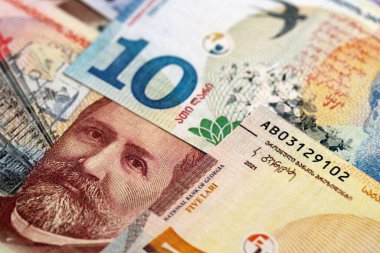 Georgian Lari currency money bills in big amount. GEL currency banknotes with different denomination close up