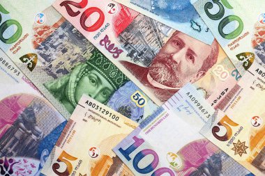 Gürcü Lari para birimi faturaları. GEL para birimi banknotlarını farklı değerlerle kapat