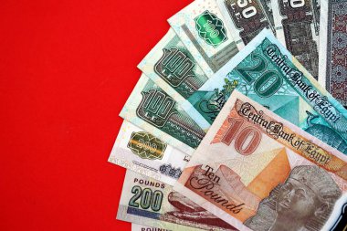 Mısır 'a ait para banknotları kırmızı olana çok yakın. Finans ve bankacılık kavramı