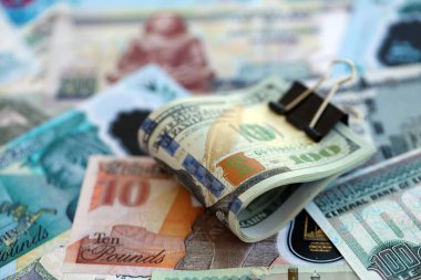 Mısır para birimi banknotları ve biz dolar banknotları yakın çekim. Ekonomi ve döviz kuru kavramı