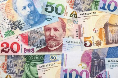 Georgian Lari currency money bills in bunch. GEL currency banknotes with different denomination close up