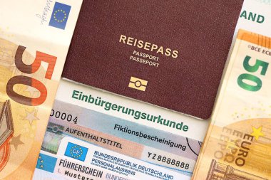 Alman pasaportu ve resmi vatandaşlık belgesinde bir kimlik kartı. Alman vatandaşlığının başarıyla kazanılması için sembolik yakın plan