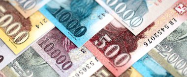 Hungarian Forints currency money bills in big amount. Pile of HUF currency banknotes with different denomination close up