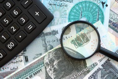 Mısır para birimi banknotları ve büyüteçle yakın plan hesap makinesi. Vergilendirme ve para sayımı kavramı