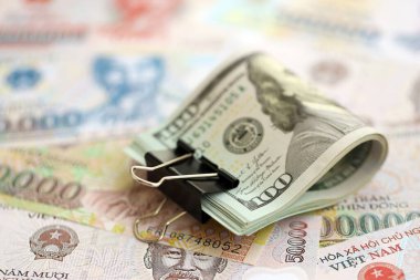 Vietnam dong para banknotları ve biz dolar banknotları yakın yakın. Ekonomi ve döviz kuru kavramı