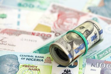 Nijerya naira para birimi faturaları ve biz dolar banknotları yakın çekim. Ekonomi ve döviz kuru kavramı