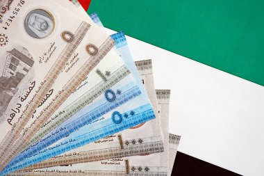 Birleşik Arap Emirlikleri kara para birimi banknotları bayrağa yakın duruyor. İş ve yatırım kavramı