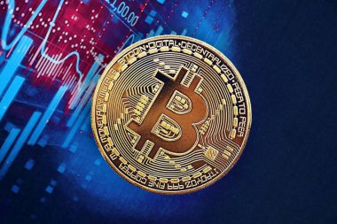 KYIV, UKRAINE - 9 Ekim 2025 Bitcoin kripto para etiketi fütüristik mavi grafik afişinde. Modern kripto parası kavramı