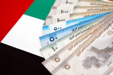 Birleşik Arap Emirlikleri kara para birimi banknotları bayrağa yakın duruyor. İş ve yatırım kavramı