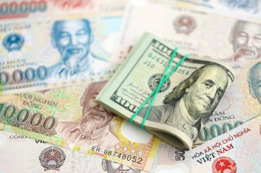 Vietnam dong para banknotları ve biz dolar banknotları yakın yakın. Ekonomi ve döviz kuru kavramı