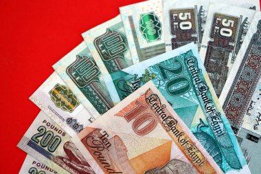 Mısır 'a ait para banknotları kırmızı olana çok yakın. Finans ve bankacılık kavramı