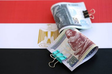 Mısır para birimi banknotları bayrağın üzerinde duruyor. İş ve yatırım kavramı