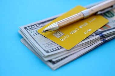Kredi kartı ve tükenmez kalemle Amerikan doları para banknotları açık mavi arka planda. Amerika Birleşik Devletleri 'nde iş, mali işlemler ve muhasebe