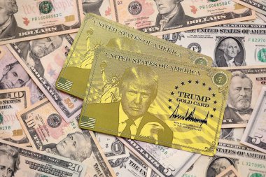 KYIV, UKRAINE - 13 ARALIK 2025 Trump altın kart hatırası büyük miktarda Amerikan doları banknotları yakın çekim