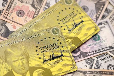 KYIV, UKRAINE - 13 ARALIK 2025 Trump altın kart hatırası büyük miktarda Amerikan doları banknotları yakın çekim