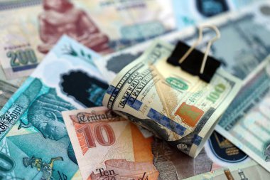 Mısır para birimi banknotları ve biz dolar banknotları yakın çekim. Ekonomi ve döviz kuru kavramı