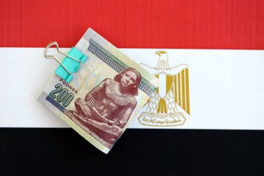 Mısır para birimi banknotları bayrağın üzerinde duruyor. İş ve yatırım kavramı