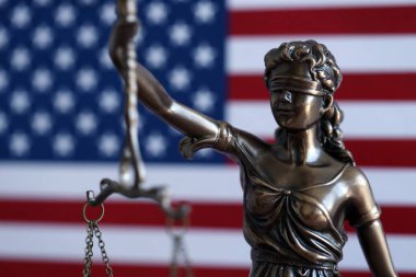 Adalet Anıtı Themis ya da Justitia, Amerika Birleşik Devletleri bayrağına karşı gözü bağlı adalet tanrıçası, yasal bir kavram olarak