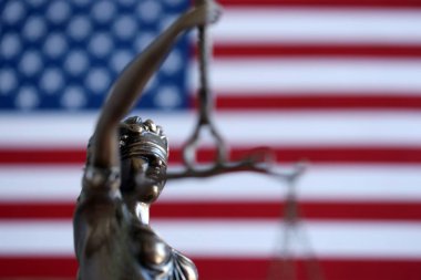 Adalet Anıtı Themis ya da Justitia, Amerika Birleşik Devletleri bayrağına karşı gözü bağlı adalet tanrıçası, yasal bir kavram olarak