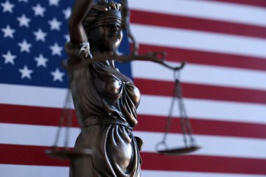 Adalet Anıtı Themis ya da Justitia, Amerika Birleşik Devletleri bayrağına karşı gözü bağlı adalet tanrıçası, yasal bir kavram olarak