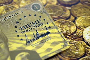 KYIV, UKRAINE - 13 Aralık 2025 Parlak altın sikkeler üzerindeki altın kart hatırası