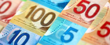Canadian Dollar currency money bills. CAD currency banknotes in big amount with different denomination close up