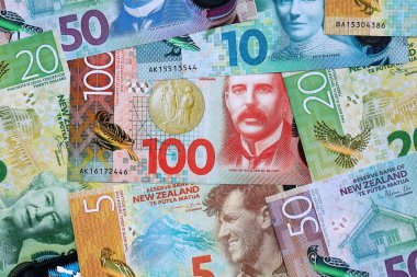 Yeni Zelanda para banknotları yakın planda büyük miktarda. Yeni Zelanda 'da zengin yaşam konsepti. İş ve ekonomi