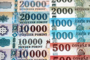 Hungarian Forints currency money bills in big amount. Many HUF currency banknotes with different denomination close up