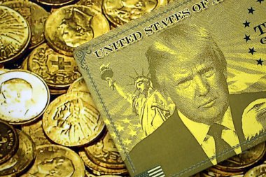 KYIV, UKRAINE - 13 Aralık 2025 Parlak altın sikkeler üzerindeki altın kart hatırası