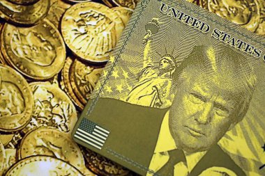 KYIV, UKRAINE - 13 Aralık 2025 Parlak altın sikkeler üzerindeki altın kart hatırası