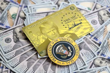 KYIV, UKRAINE - 13 Aralık 2025 Trump altın kartı ve ABD başkanının mührü.