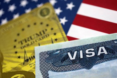 KYIV, UKRAINE - 13 Aralık 2025 Trump altın kartı ve Amerika Birleşik Devletleri bayrağı üzerindeki ABD vizesi