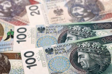 Büyük miktarda Polonyalı zloti para banknotları kapanıyor. Büyük miktarda Polonya parası yığını. Polonya 'da iş, ekonomi ve yatırım kavramı