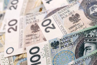 Büyük miktarda Polonyalı zloti para banknotları kapanıyor. Büyük miktarda Polonya parası yığını. Polonya 'da iş, ekonomi ve yatırım kavramı
