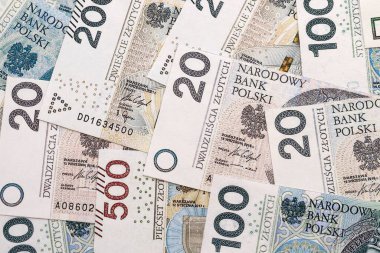 Büyük miktarda Polonyalı zloti para banknotları kapanıyor. Büyük miktarda Polonya parası yığını. Polonya 'da iş, ekonomi ve yatırım kavramı