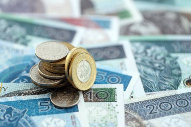 Polonyalı zloti ve brüt para birimleri. Polonya PLN parası kapanıyor. İş, ekonomi ve finans kavramı