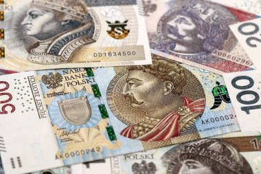 Büyük miktarda Polonyalı zloti para banknotları kapanıyor. Büyük miktarda Polonya parası yığını. Polonya 'da iş, ekonomi ve yatırım kavramı