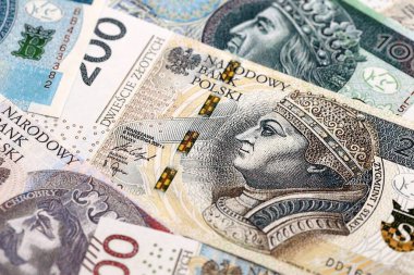 Büyük miktarda Polonyalı zloti para banknotları kapanıyor. Büyük miktarda Polonya parası yığını. Polonya 'da iş, ekonomi ve yatırım kavramı