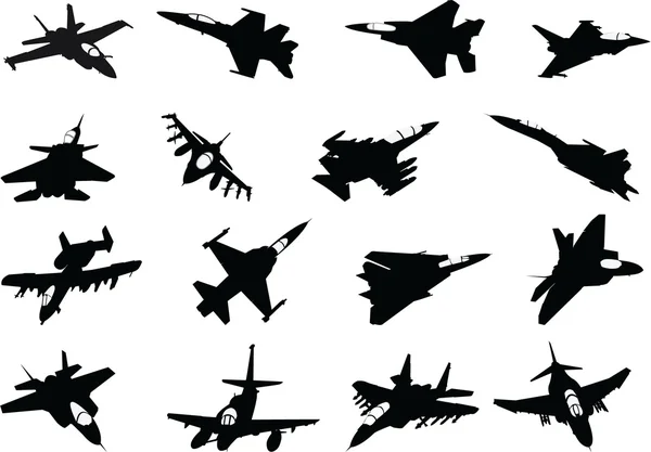 Conjunto de silueta de aviones militares — Vector de stock