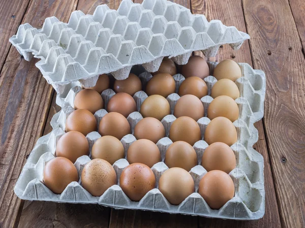 Картонный яичный поднос с коричневыми куриными яйцами Стоковая Картинка