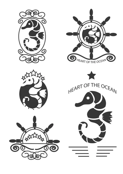 Zestaw zabytkowych etykiet Seahorse, emblematów i elementów konstrukcyjnych. Wektor — Wektor stockowy