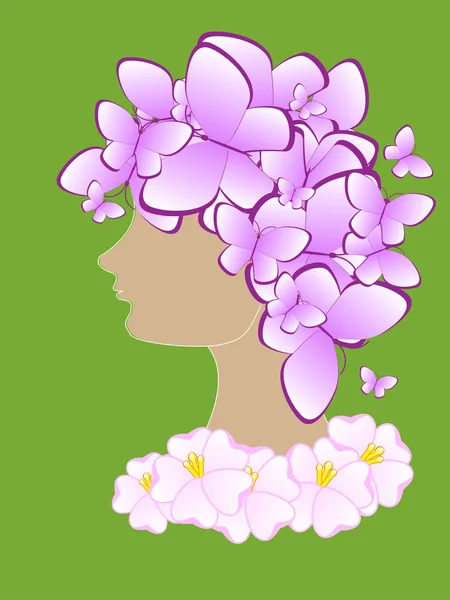 Belle silhouette abstraite d'une fille avec des papillons et des fleurs sur la tête. Vecteur — Image vectorielle