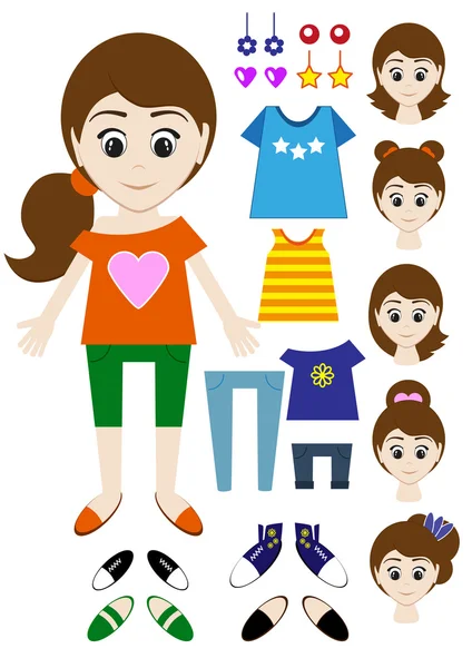 Gran conjunto de ropa para la chica Constructor. Peinado, vestido, zapatos, pantalones, camiseta. Vector — Vector de stock