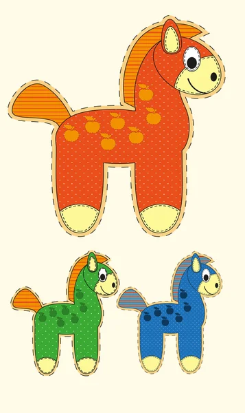 Набор милых мультяшных лошадей в плоском дизайне для поздравительной открытки, приглашения и логотипа с текстурой ткани. Вектор — стоковый вектор