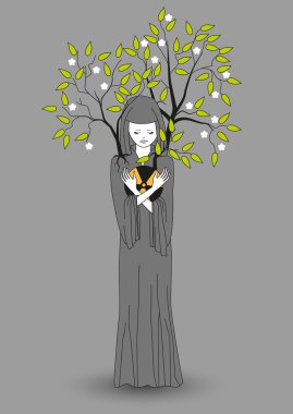 Gri pelerinli kız el uzatır ve çevreyi kendi içinde bulaşmadan kurtarır. Vektör