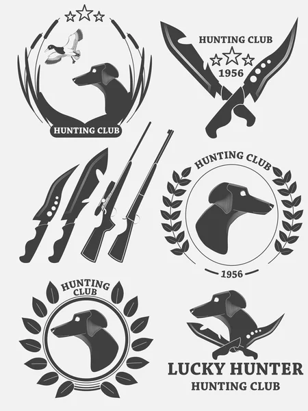 Set of hunting retriever logos, labels and badges. Dog, duck, weapons. Vector — Stock Vector